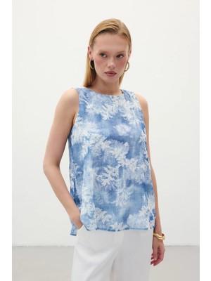 Sateen Nakışlı Kolsuz Bluz - Indigo