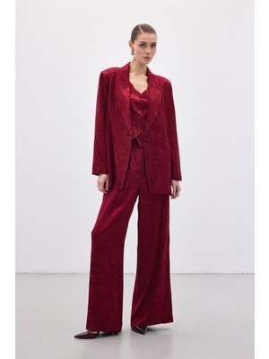 Sateen Jakarlı Bol Pantolon - Bordo