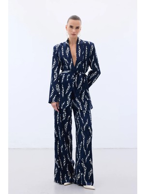 Sateen Desenli Bol Paça Pantolon - Lacivert