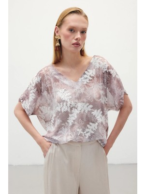 Sateen Nakışlı Kısa Kol Bluz - Camel