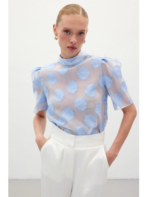 Sateen Organze Kısa Kol Bluz - Mavi