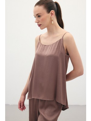 Sateen Askılı Saten Bluz - Kahve
