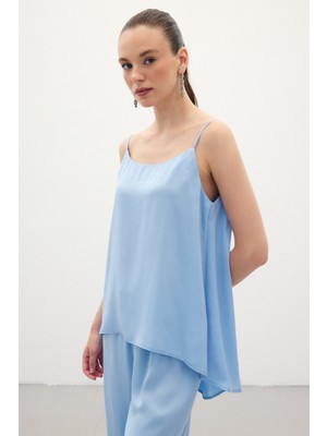 Sateen Askılı Saten Bluz - Mavi