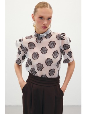 Sateen Organze Kısa Kol Bluz - Kahve