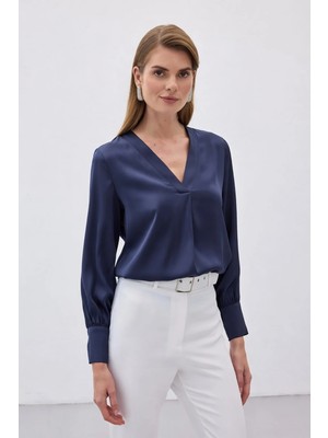 Sateen V Yaka Saten Bluz - Lacivert