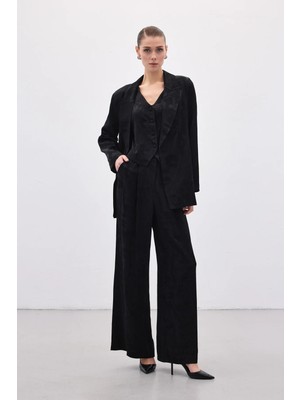 Sateen Jakarlı Bol Pantolon - Siyah