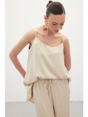 Sateen Askılı Saten Bluz - Bej