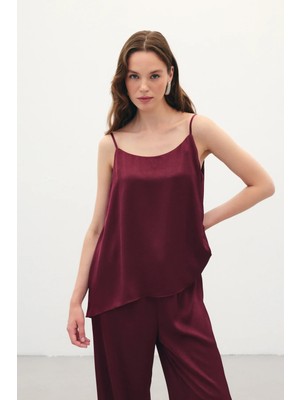 Sateen Askılı Saten Bluz - Bordo