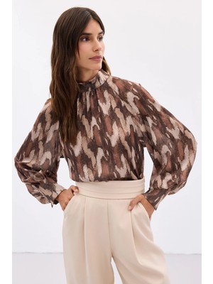 Sateen Desenli Salaş Bluz - Kahve