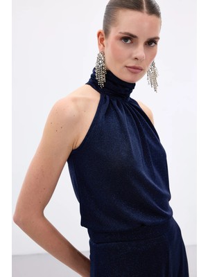 Sateen Kolsuz Parlak Bluz - Lacivert