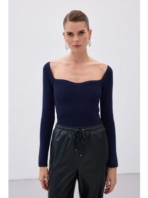 Sateen Kalp Yaka Triko Bluz - Lacivert