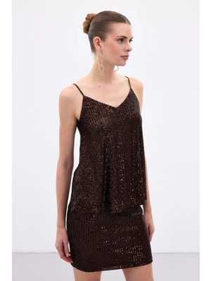 Sateen Payet Detaylı Askılı Bluz - Kahve