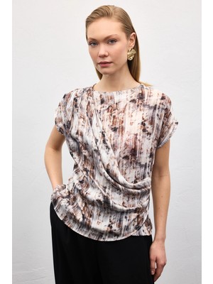 Sateen Pileli Kolsuz Bluz - Kahve
