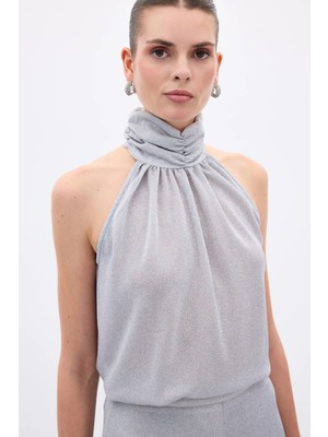 Sateen Kolsuz Parlak Bluz - Gümüş
