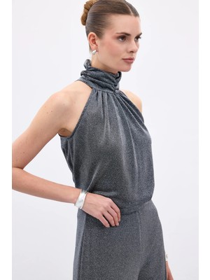 Sateen Kolsuz Parlak Bluz - Antrasit