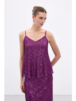 Sateen Payet Detaylı Askılı Bluz - Mürdüm