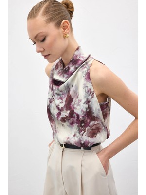 Sateen Drapeli Halter Yaka Desenli Bluz - Mürdüm