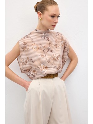 Sateen Kısa Kollu Desenli Bluz - Kahve