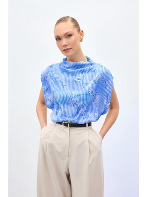 Sateen Kısa Kollu Desenli Bluz - Mavi