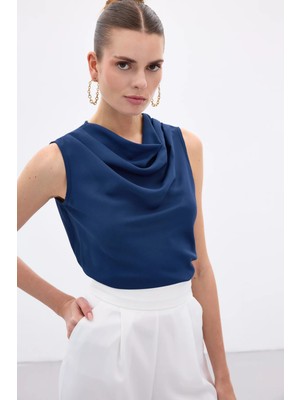 Sateen Degaje Yaka Kolsuz Bluz - Indigo