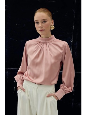 Sateen Yaka Detaylı Saten Bluz - Pembe