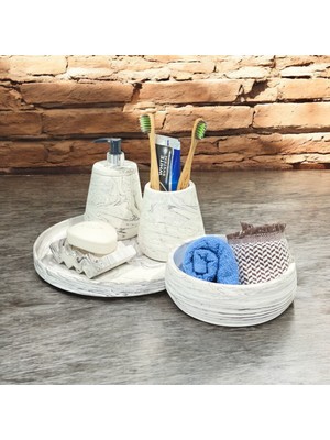 Feyza Design Mermer Desenli Beton Banyo Aksesuar Seti, 5 Parça, Şık ve Şeffaf Tasarım
