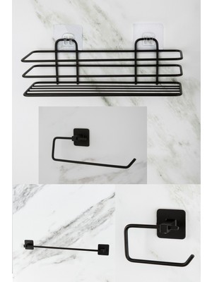 Feyza Design Siyah Banyo Duş Rafı 4'lü, Uzun Havluluk ve Tuvalet Kağıtlığı Seti