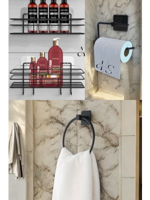Feyza Design Şık Siyah 4'lü Banyo Seti: Duş Rafı, Havluluk ve Wc Kağıtlık