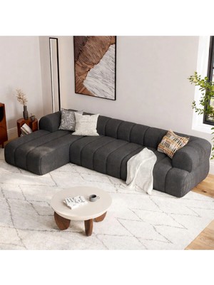 S Home Design Concept Cozy Pofidik Modüler Kanepe L Köşe Koltuk Takımı, Teddy Antrasit, Sol Köşe , 290X165 cm