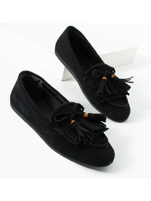 Kadın Siyah Süet Babet Püsküllü Düz Taban Rahat Günlük Ayakkabı Viona