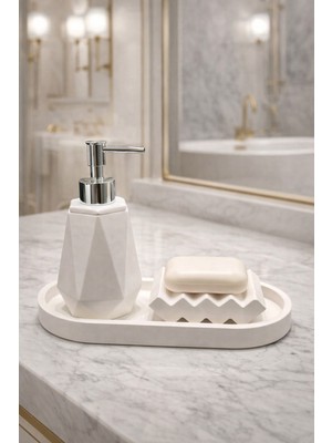 Feyza Design Mermer Desenli Beton Banyo Seti, Sıvı ve Katı Sabunluk, Sunum Tepsisi