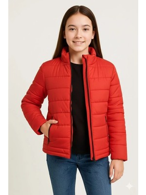 Giyim Center Kız Çocuk Şişme Mont Hafif ve Sıcak Tutucu Kışlık Fermuarlı Su Itici Rahat Günlük Mont Kapüşonuz Modern Tasarım - Kırmızı