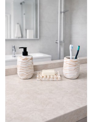 Feyza Design Şık Geometrik Mermer Desenli 3 Parça Banyo Seti, Diş Fırçalık ve Sabunluk