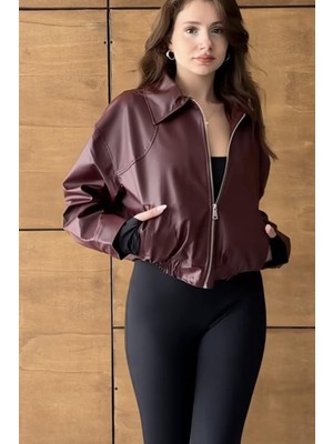 Prifaldi London Oversize Bomber Belden Lastikli Deri Ceket Bordo
