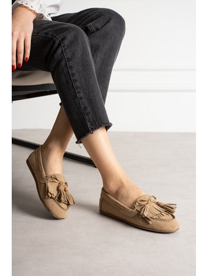 Kadın Bej Süet Babet Püsküllü Düz Taban Rahat Günlük Ayakkabı Viona