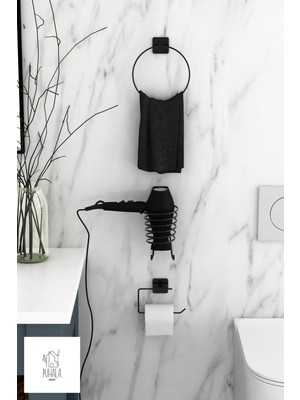 Feyza Design Yapışkanlı 3'lü Siyah Fön Makinesi Askısı ve Tuvalet Kağıtlık Seti