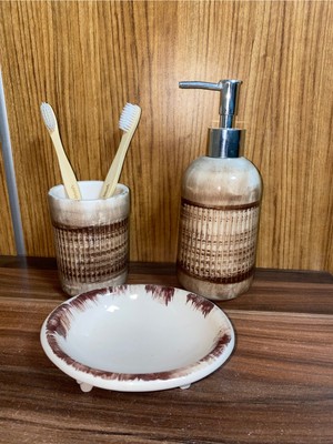 Feyza Design Modern 3 Parça Banyo Seti, Seramik Ala Collection, Eskitme Kahverengi