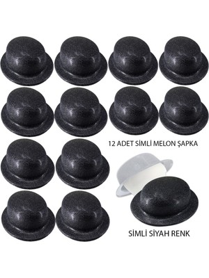 Urfakent Siyah Renk Simli Melon Yuvarlak Parti Şapkası 12 Adet