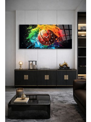 Olinpa Kırılmaz Cam Duvar Saati , Hem Tablo Hem Saat Basketbol Temalı Spor Tasarım Ev Ofis Hediyesi