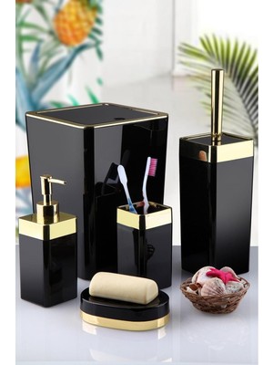 Feyza Design 5 Parça Akrilik Gold Çizgi Banyo Seti Kare Siyah