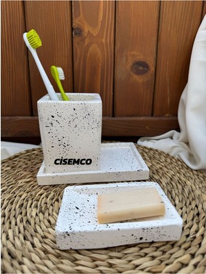 Feyza Design 3 Parça Beton Banyo Seti, Sabunluk, Diş Fırçalık ve Sunumluk