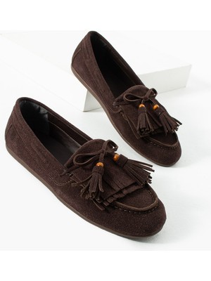 Kadın Kahve Süet Babet Püsküllü Düz Taban Rahat Günlük Ayakkabı Viona