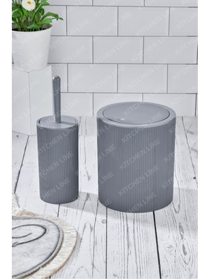 Feyza Design Yuvarlak Banyo Seti, Çöp Kovası ve Tuvalet Fırçası, Açık Gri