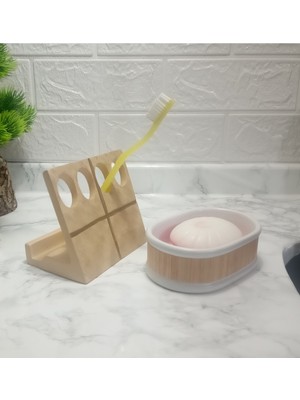 Feyza Design Şık Altın ve Ahşap Tasarımlı 2'li Banyo Seti, Diş Fırçalık ve Sabunluk