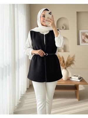 Modamorfo Beli Kemerli Çift Cepli Astarlı Peluş Yelek -Siyah