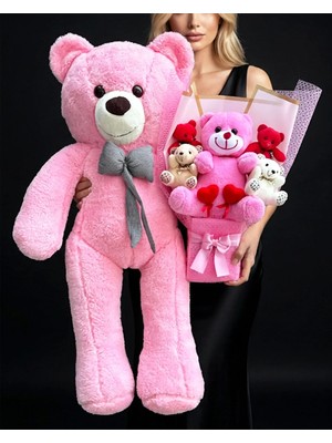 Lenostra Sevgiliye Özel 90 cm Pembe Peluş Ayıcık ve Büyük Ayıcık Buketi – 14 Şubat Sevgililer Günü Romantik Hediye