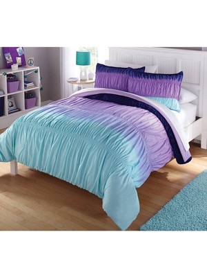 Skygo Kids Ombre Dantelli 3 Parça Yorgan Seti, Tam, Mavi ve Mor