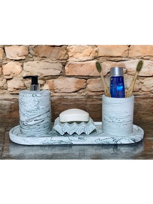Feyza Design Modern Mermer Dokulu Beton Banyo Aksesuar Seti, 4 Parça, Şık ve Dayanıklı