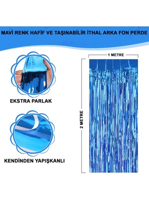 Urfakent Mavi Renk Ekstra Metalize Parlak Saçaklı Arka Fon Perde Ithal A Kalite 1x2 Metre Nessiworld