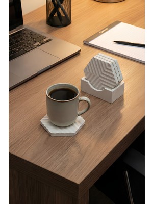 Feyza Design Dört Parça Geometrik Desenli Bardak Altlığı Seti ve Standı Modern Masa Dekoru